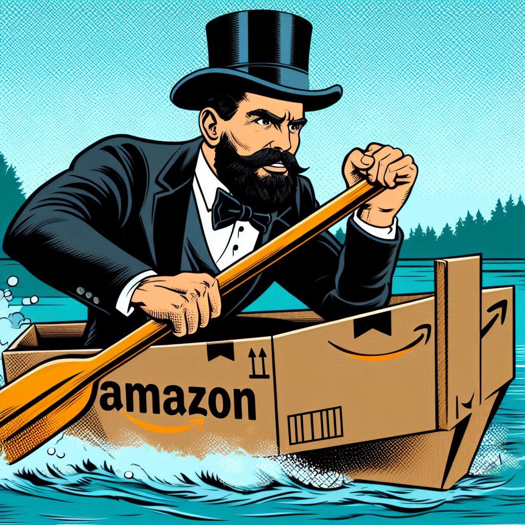 a pop art logo of a cardboard boat race with a rugged outdoors man who is about 30 years old in a black top hat and black bow tie paddling a boat made of Amazon boxes, on a lake racing towards the other side