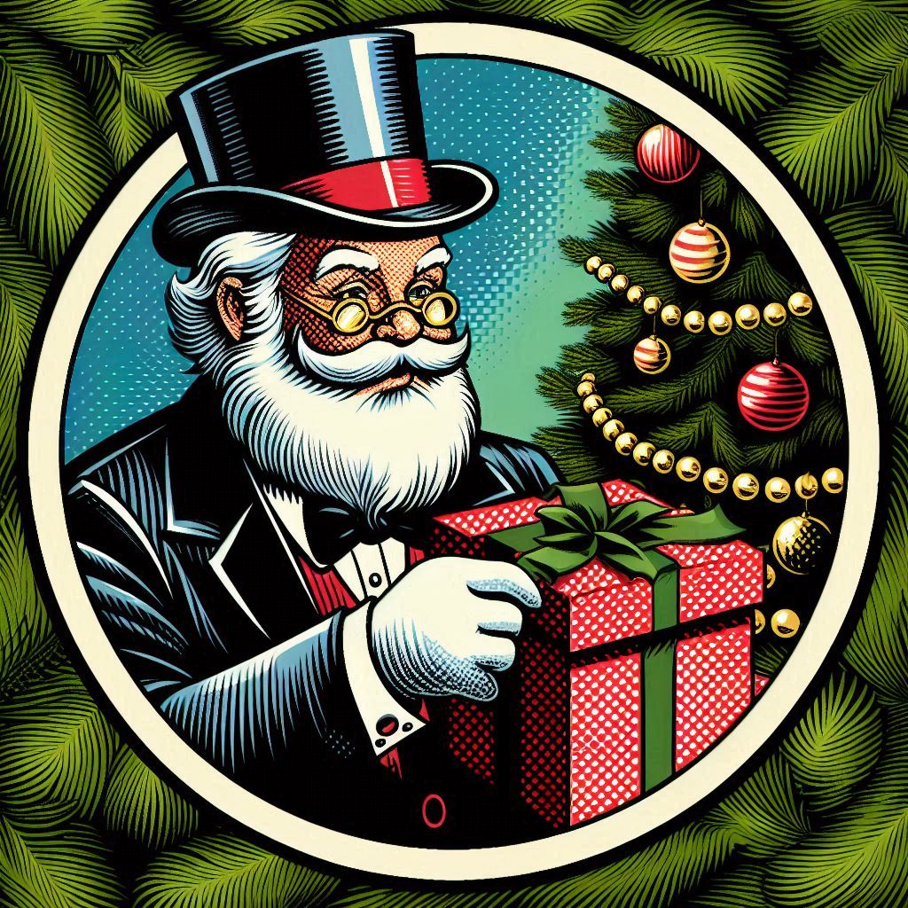 circular pop art style logo of Santa Claus in full suit with a classic black top hat and black bow tie, placing a gift under a Christmas tree