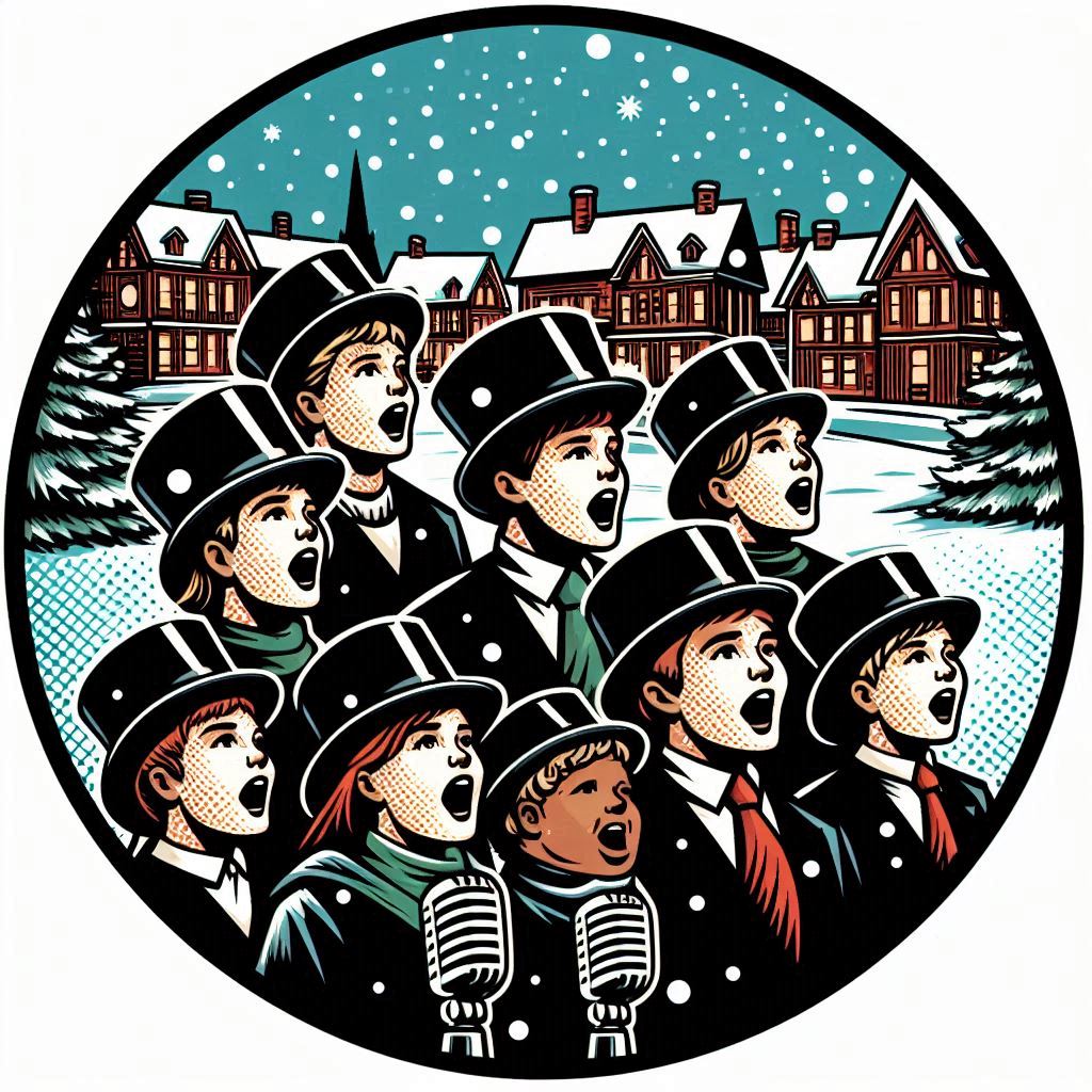 A circular pop art style logo of a group of people Christmas caroling in the street, including men, women, and kids, all wearing black top hats, without mics, microphones, or speakers, with a backdrop of a small sleepy town