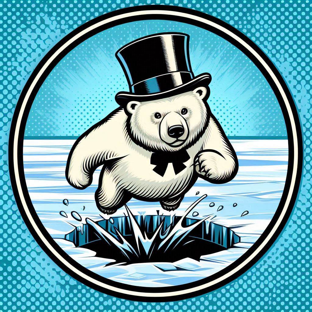 a pop art style round logo for the polar plunge event, featuring a polar bear wearing only a black top hat and a black bow tie about to jump into a hole in the ice of a frozen lake