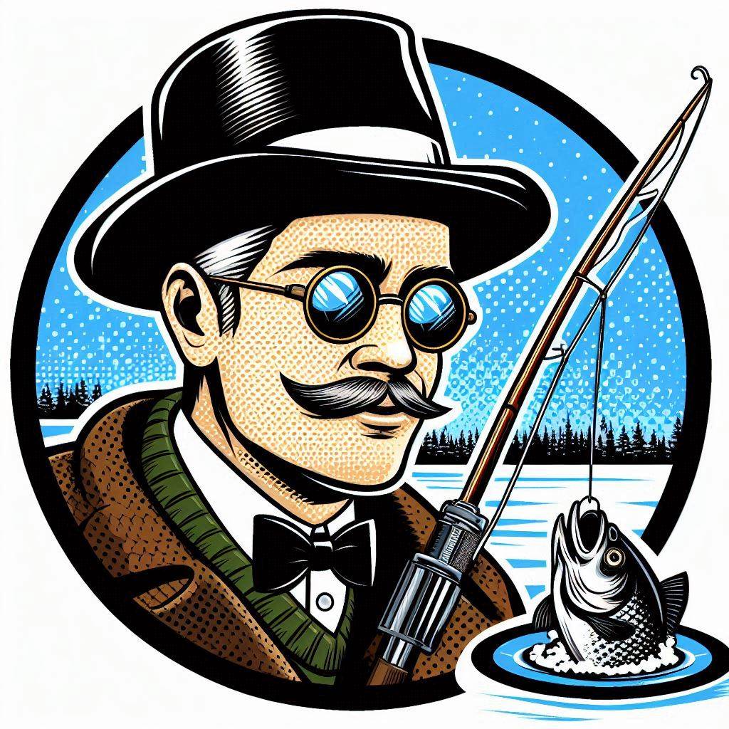 a circular pop art logo for an ice fishing derby featuring an outdoors man in his 30s, dressed in ice fishing attire with a black top hat and black bow tie, having caught a fish from a hole in the ice on the lake's surface