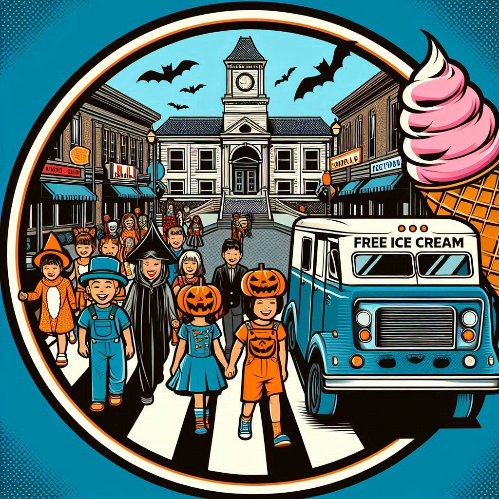 a circular pop art style logo featuring kids in Halloween costumes marching down Main Street to town hall, with an ice cream truck parked in the lot giving out free ice cream