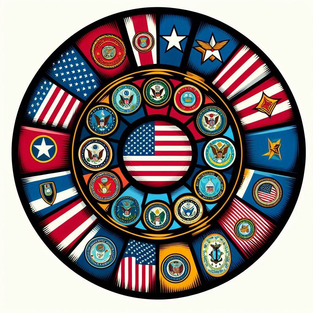 a pop art style circular logo featuring all the US military branch flags