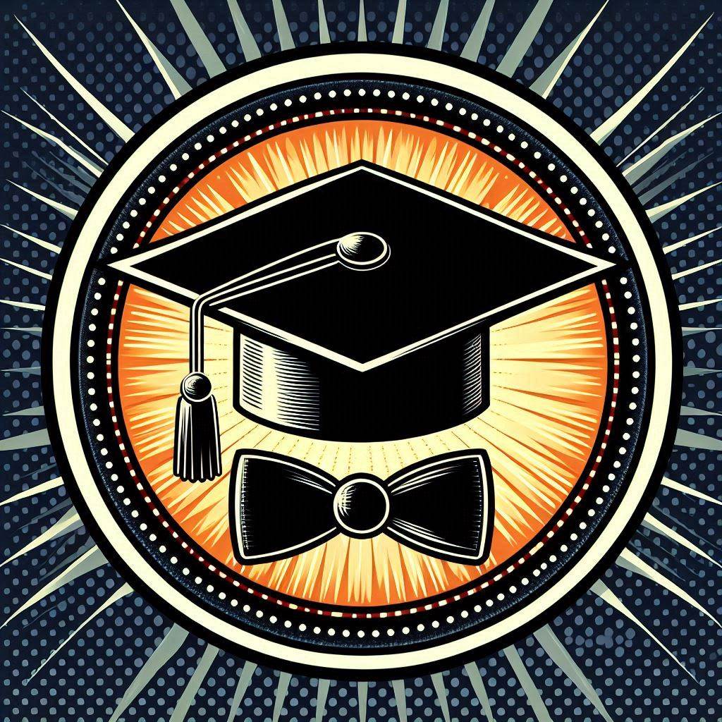 circular logo in pop art style with a black top hat over a graduation degree and a black bow tie wrapped around the degree