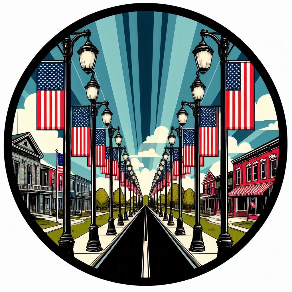 circular pop art style logo of a small town main street with armed services flags hanging vertically off each light pole