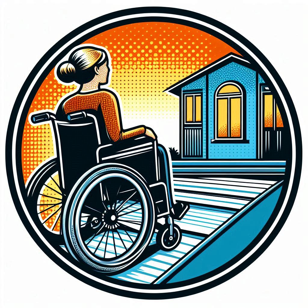 circular pop art logo of a person on a wheelchair rolling up a ramp to their front door of their home