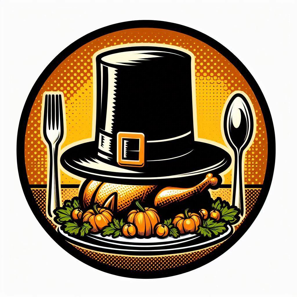 circular pop art style logo of a thanksgiving dinner with a black top hat hovering over it