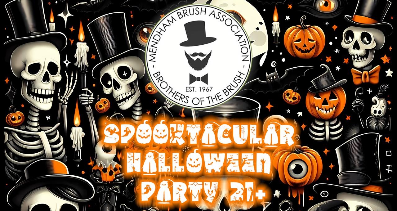 Spooktacular Halloween Party 2026 banner with skeletons, pumpkins, top hats, and a central top-hatted emblem.